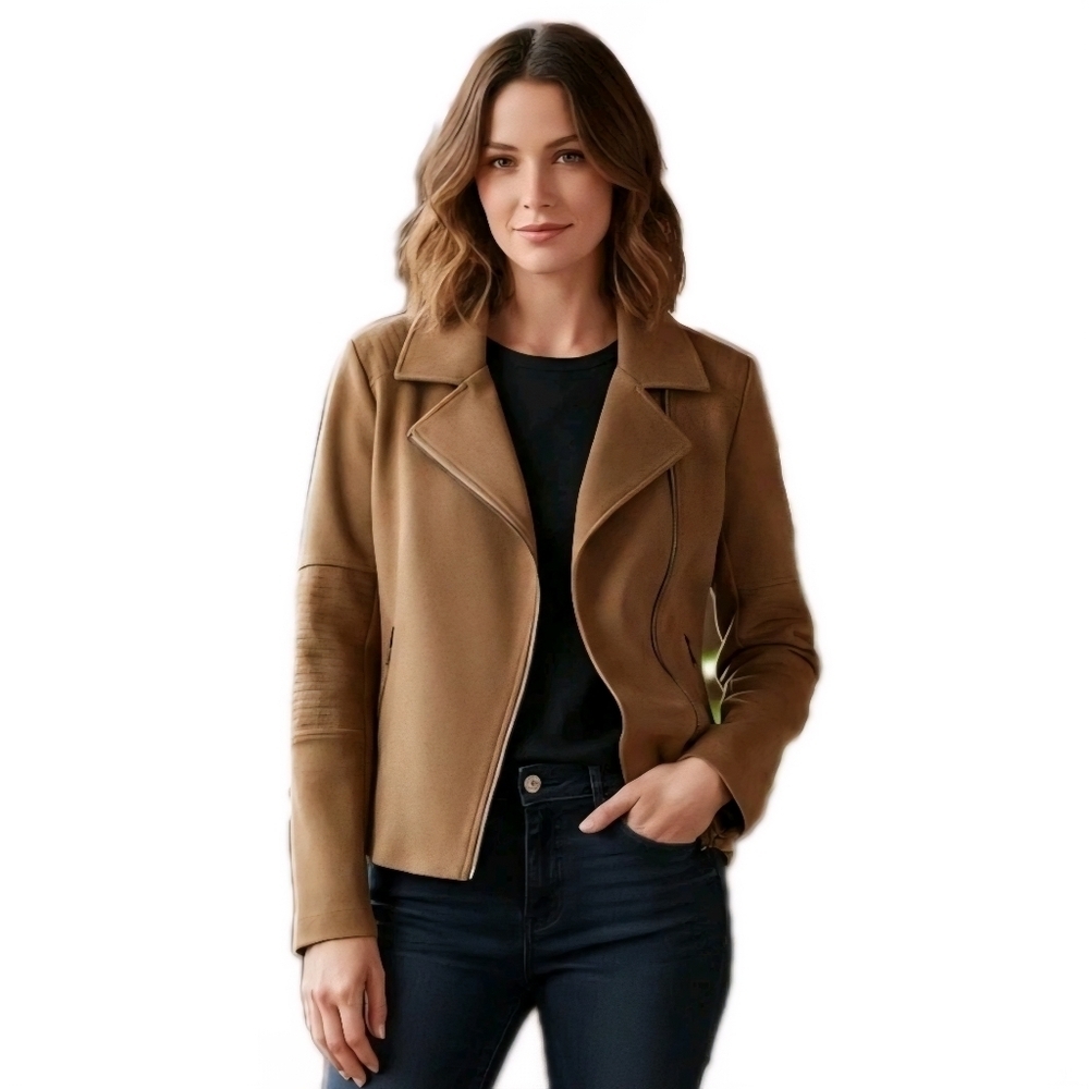Betabrand Everyday Vegan Suede Moto Jacket Zipper Pockets Brown Size M